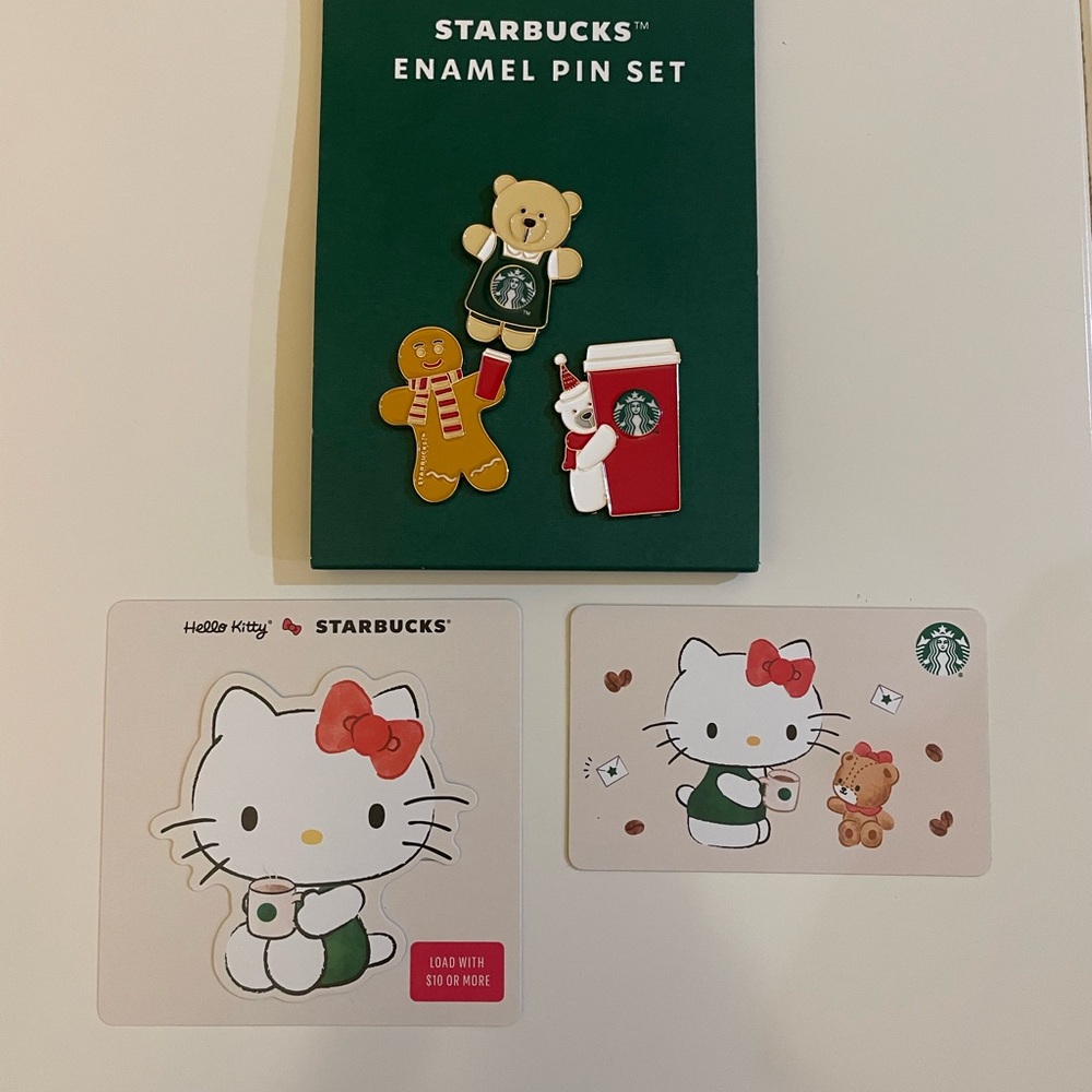 Starbucks x Hello Kitty gift cards ($0 value) and Bearista Enamel Pin Set